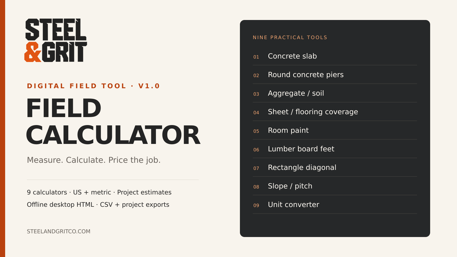 Steel and Grit Field Calculator with nine included tools